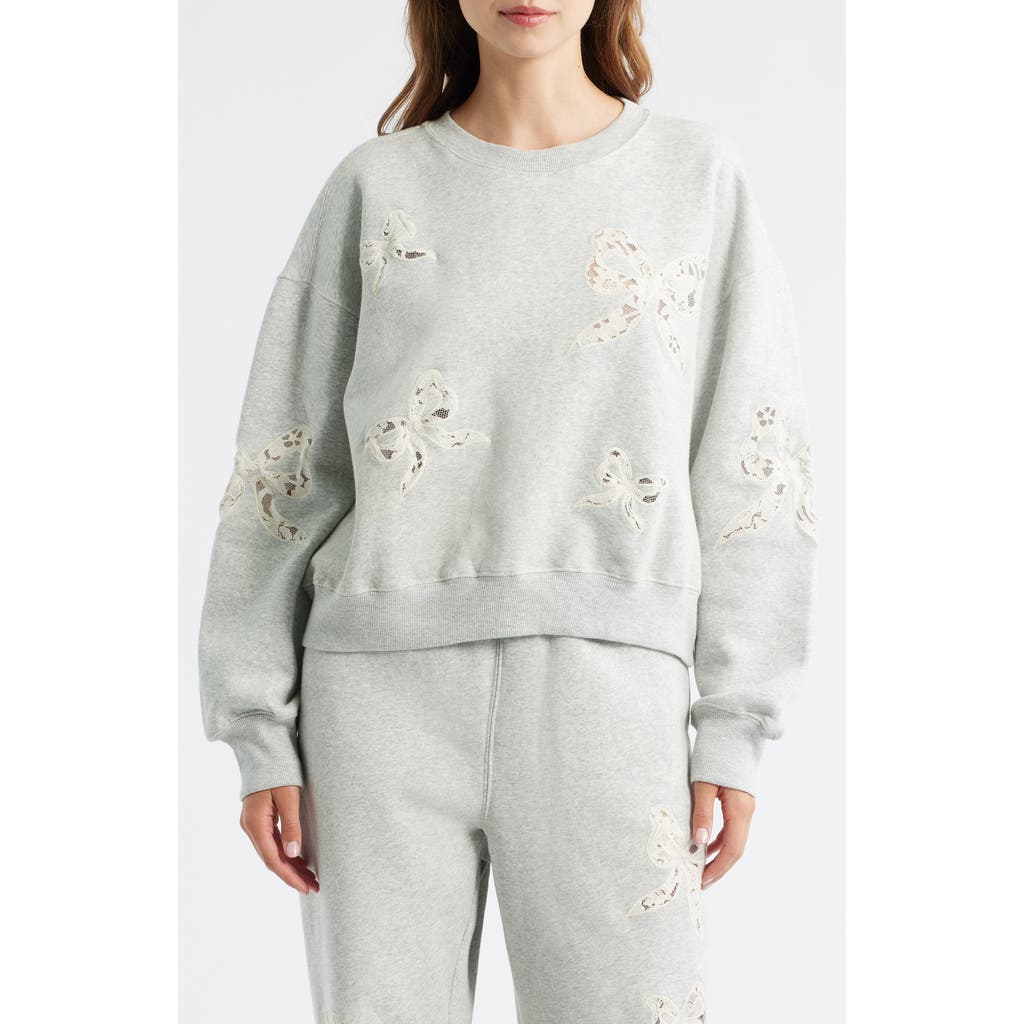 Loveshackfancy Linetta Lace Bow Inset Cotton Blend Sweatshirt In Gray