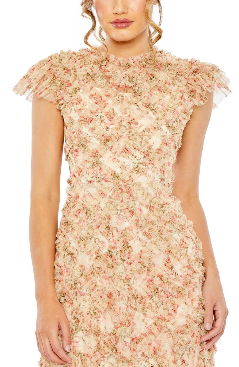 Mac Duggal Ruffle Tiered Short Sleeve A Line Dress, Alternate, color, Beige Multi