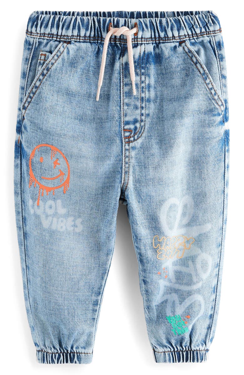NEXT Kids' Smile Elastic Waist Graphic Jeans, Main, color, Blue
