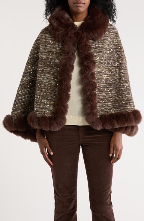 Sequin Tweed Cape with Faux Fur Trim
