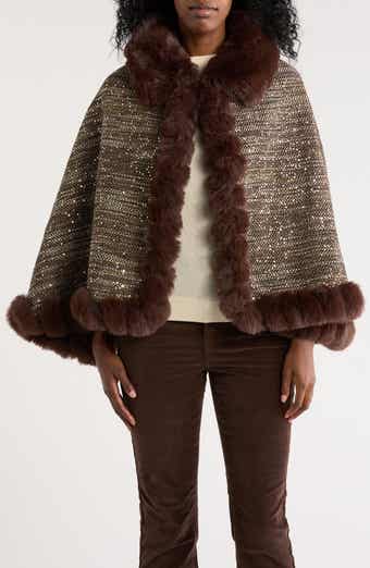 Vince Camuto Sequin Tweed Cape with Faux Fur Trim