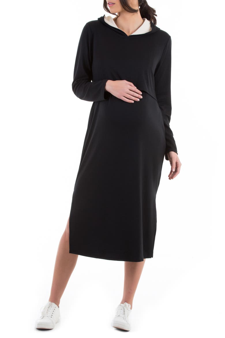 Long Sleeve Hoodie Maternity/Nursing Dress, Main, color, BLACK