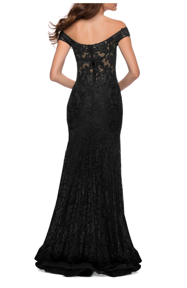 La Femme Lace Off the Shoulder Gown with Deep V Neckline, Alternate, color, Black