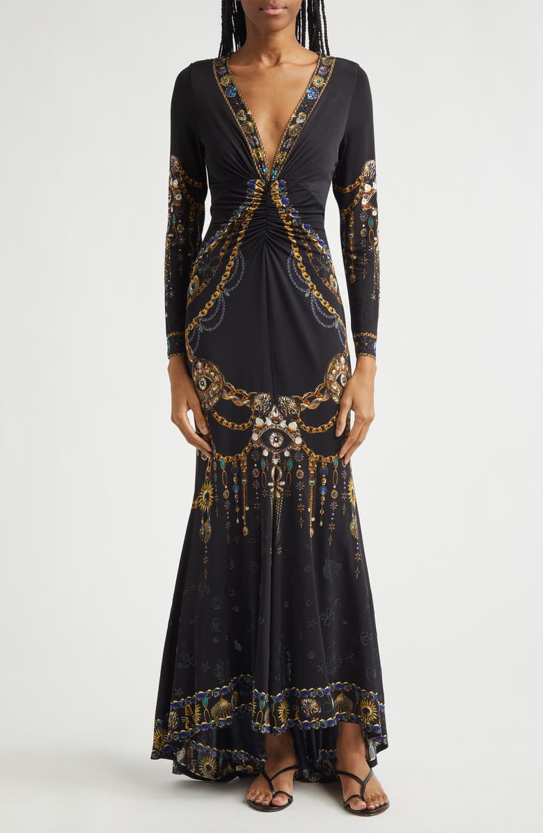 Camilla Amulets & Alchemy Print Gathered Long Sleeve Jersey Dress with Train, Main, color, Amulets And Alchemy