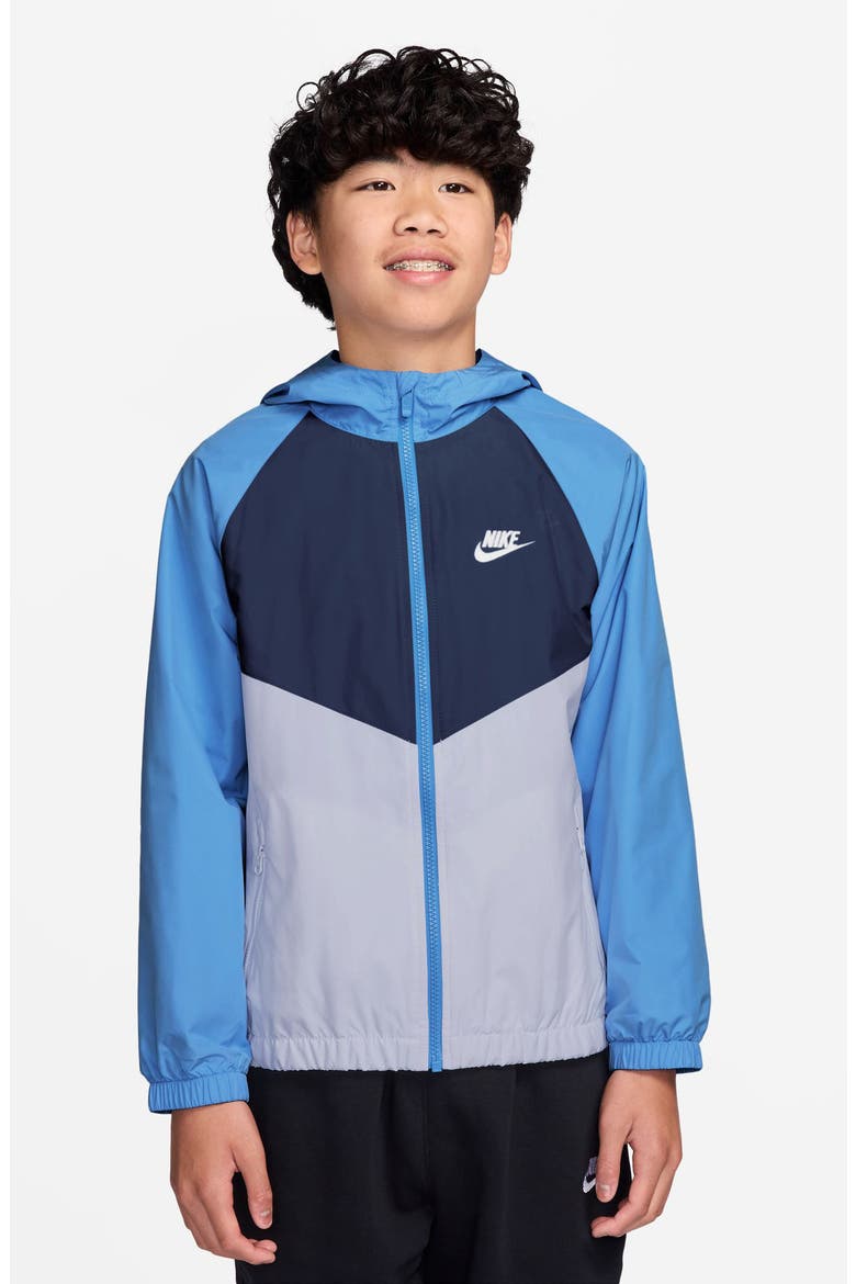 Kids' Windrunner Water Repellent Hooded Zip-Up Jacket, Main, color, UNIVERSITY BLUE/ GHOST/ WHITE