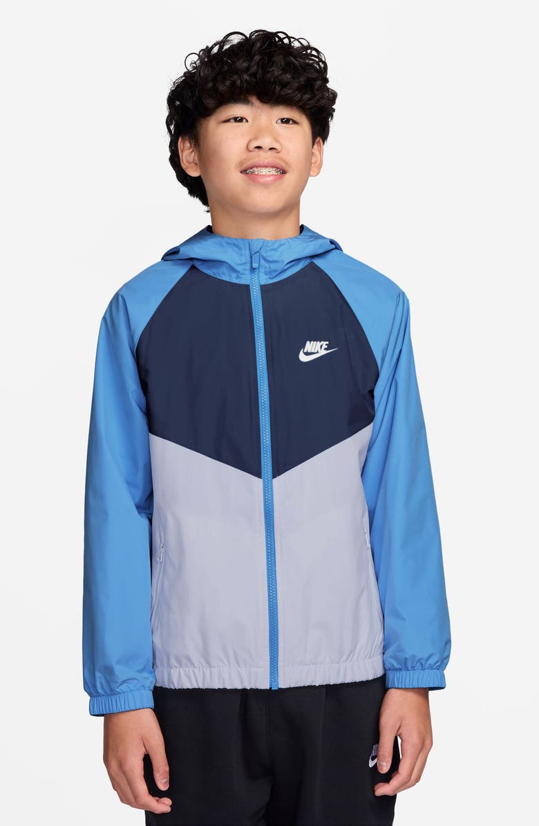 Nike Kids' Windrunner Water Repellent Hooded Zip-Up Jacket, Main, color, University Blue/ Ghost/ White