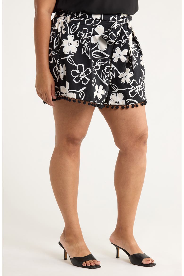 Kianza Floral Zaferia Pompom Cotton Shorts, Alternate, color, BLACK-WHITE