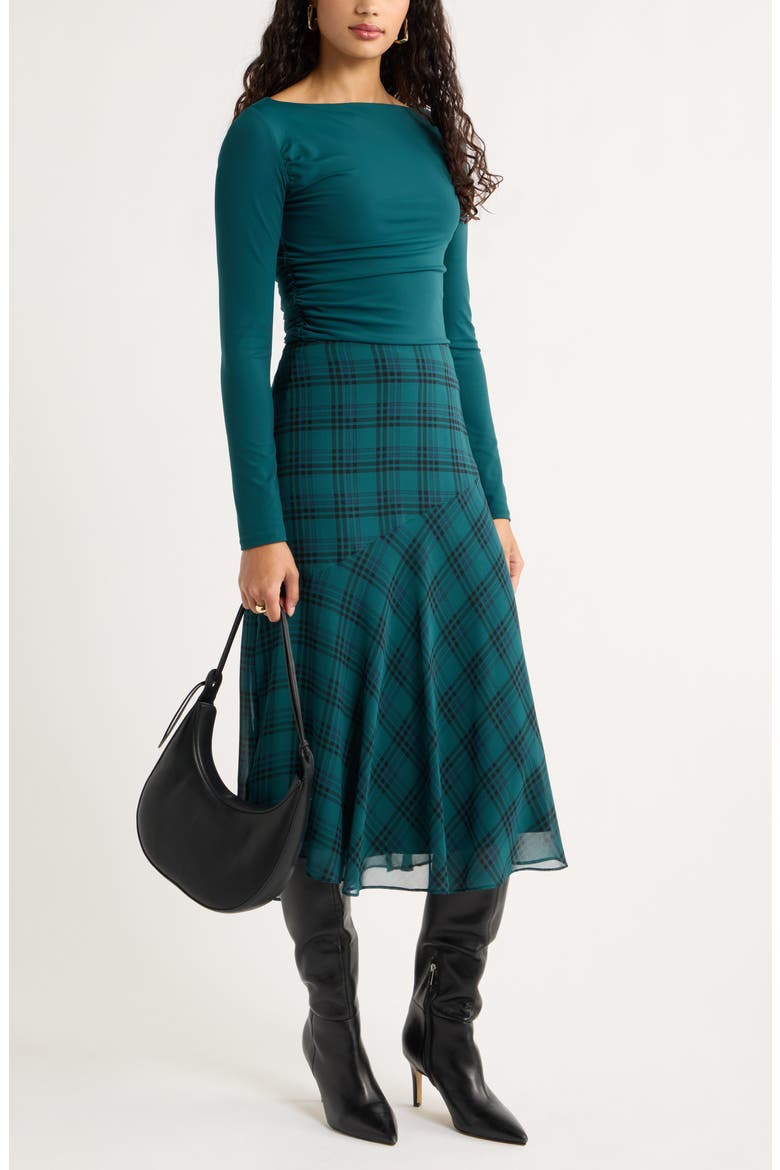 High-Low Chiffon Midi Skirt, Alternate, color, TEAL- NAVY JENS PLAID