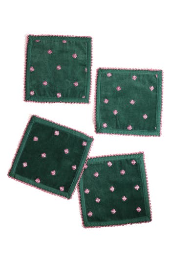 Tiramisu Embroidered Set Of 4 Cocktail Napkins In Green