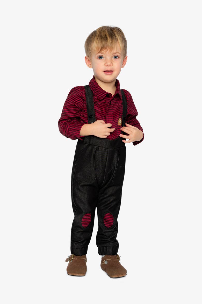 Button Front Bodysuit Suspender Pants Set, Alternate, color, Black and Red Houndstooth