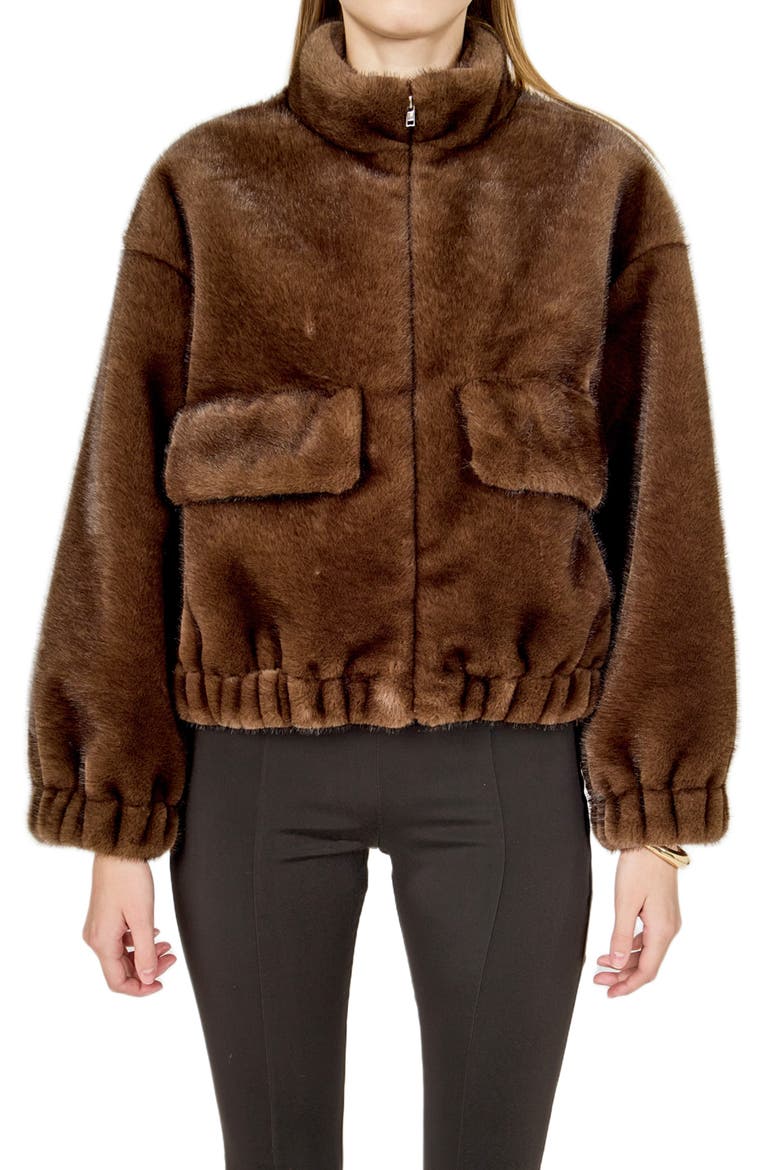 Faux Fur Bomber Jacket, Alternate, color, BROWN