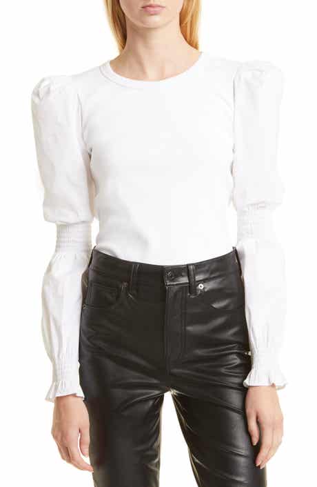 Veronica Beard Faux Woven Puff Sleeve Rib Top