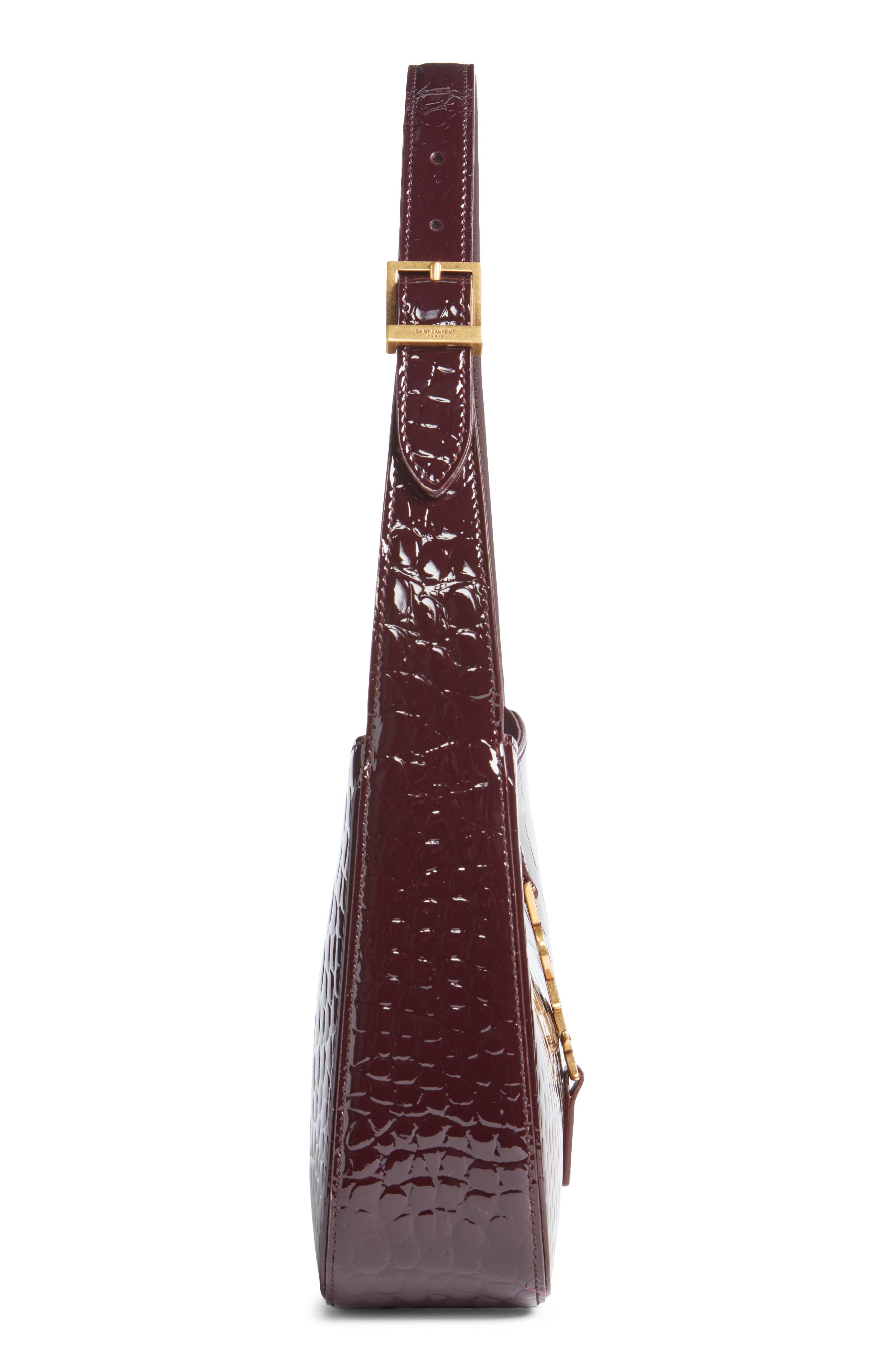 Saint Laurent Le 5 à 7 Croc Embossed Patent Leather Shoulder Bag, Alternate, color, Dark Aubergine