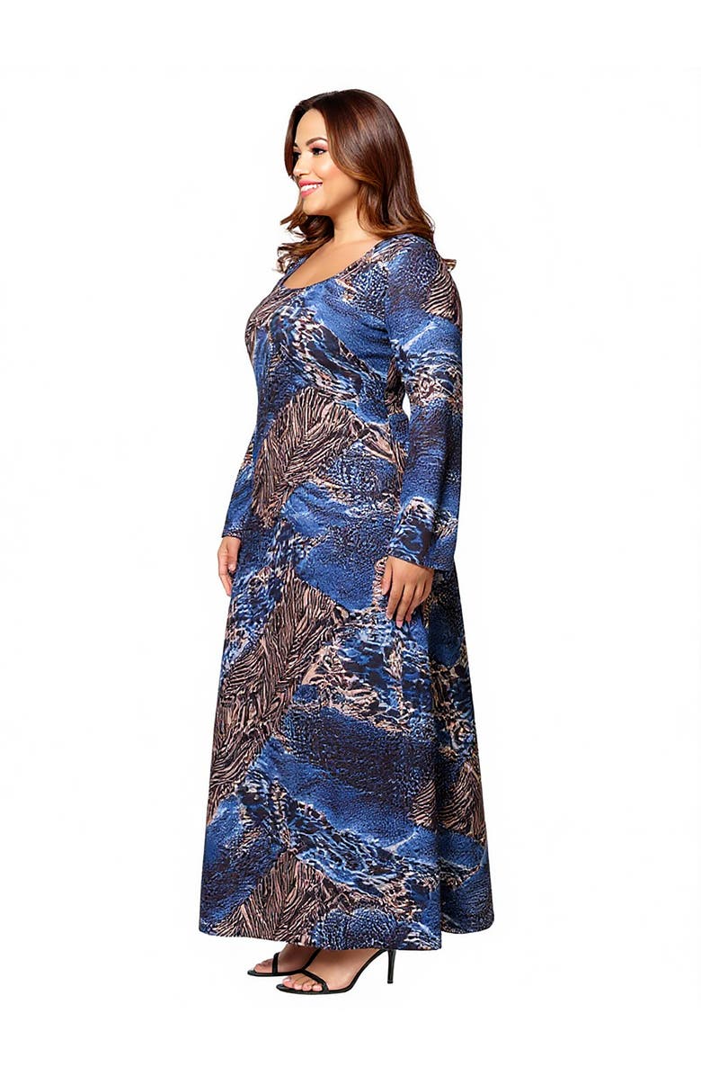 24seven Comfort Apparel Animal Print Long Sleeve Scoop Neck Maxi Dress, Alternate, color, Blue Multi