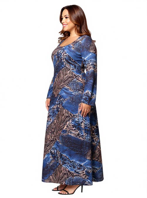 24seven Comfort Apparel Animal Print Long Sleeve Scoop Neck Maxi Dress In Blue