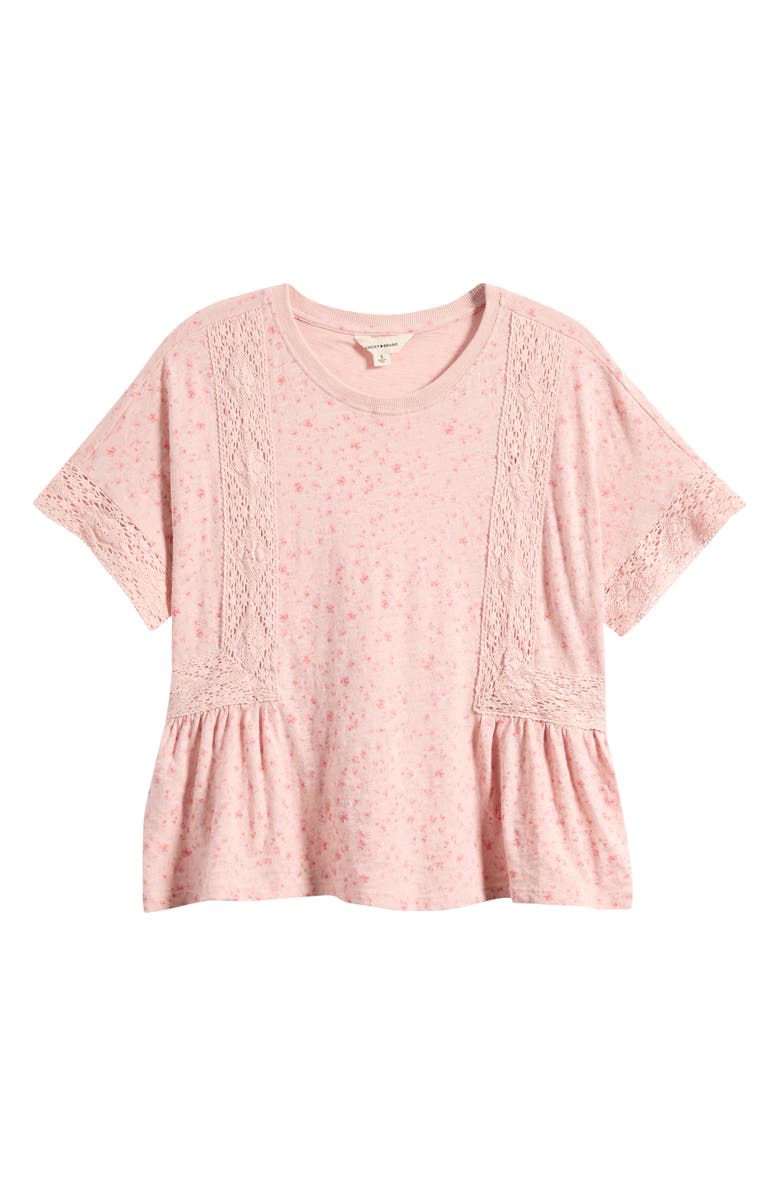 Lucky Brand Lace Trim Peplum T-Shirt, Main, color, Rose Multi