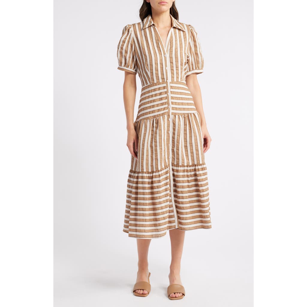 Mila Mae Stripe Puff Sleeve Midi Dress in Cream Chestnut