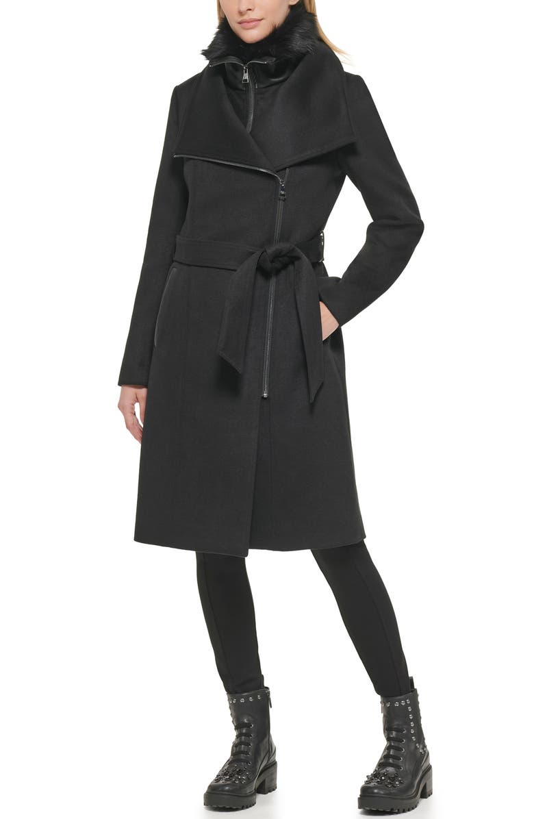 KARL LAGERFELD PARIS Asymmetrical Faux Fur Collar Long Coat, Alternate, color, 