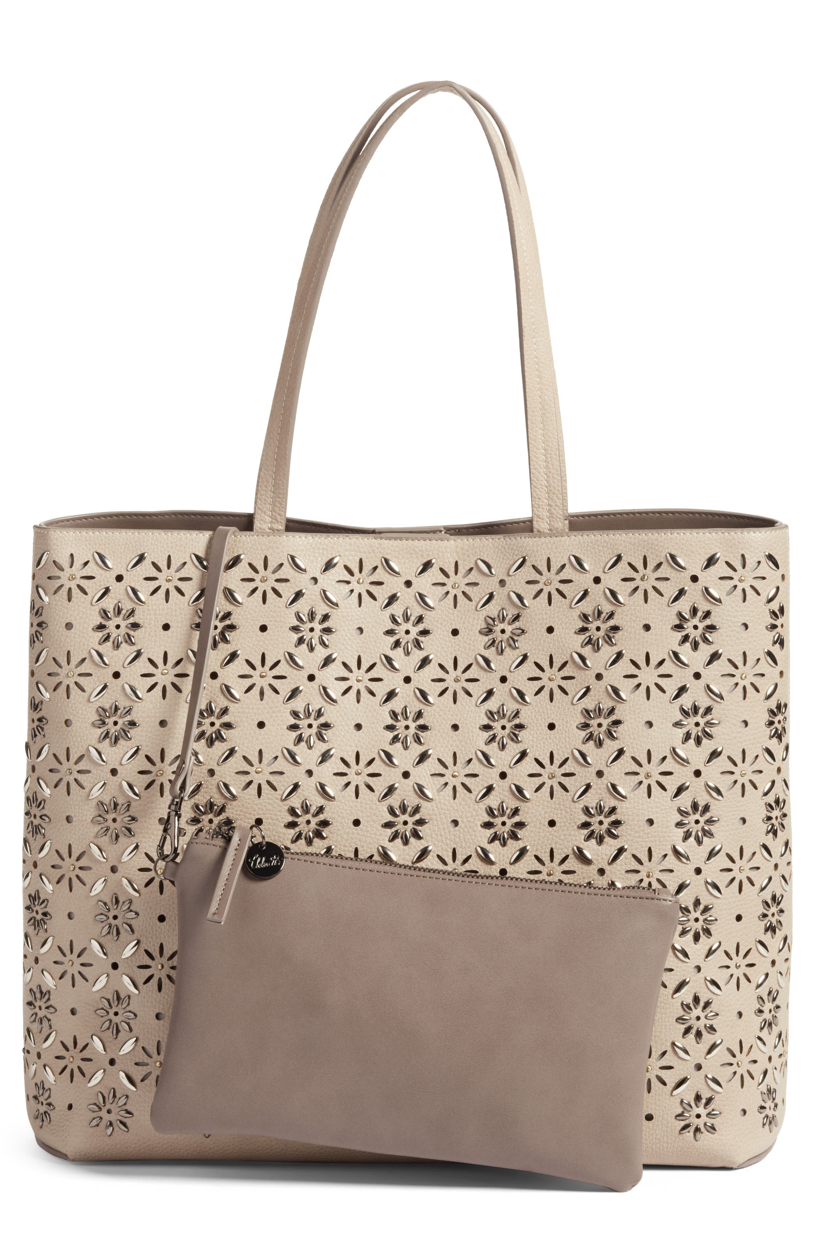 Kaylee Embellished Faux Leather Tote, Main, color, GREY FLINT