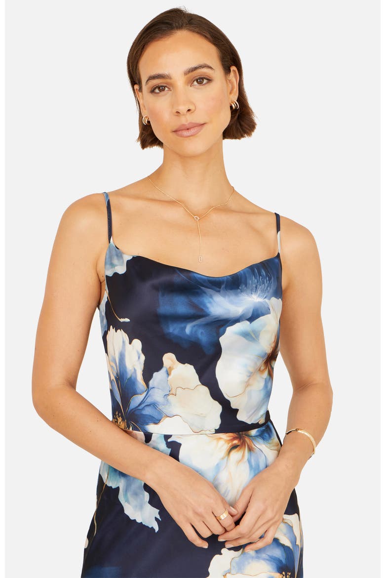 Cowl Neck Satin Floral Dress, Alternate, color, Navy