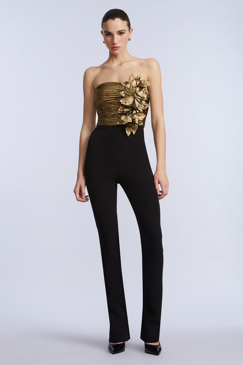 Flower Detail Jumpsuit, Main, color, Gold & Black Combo