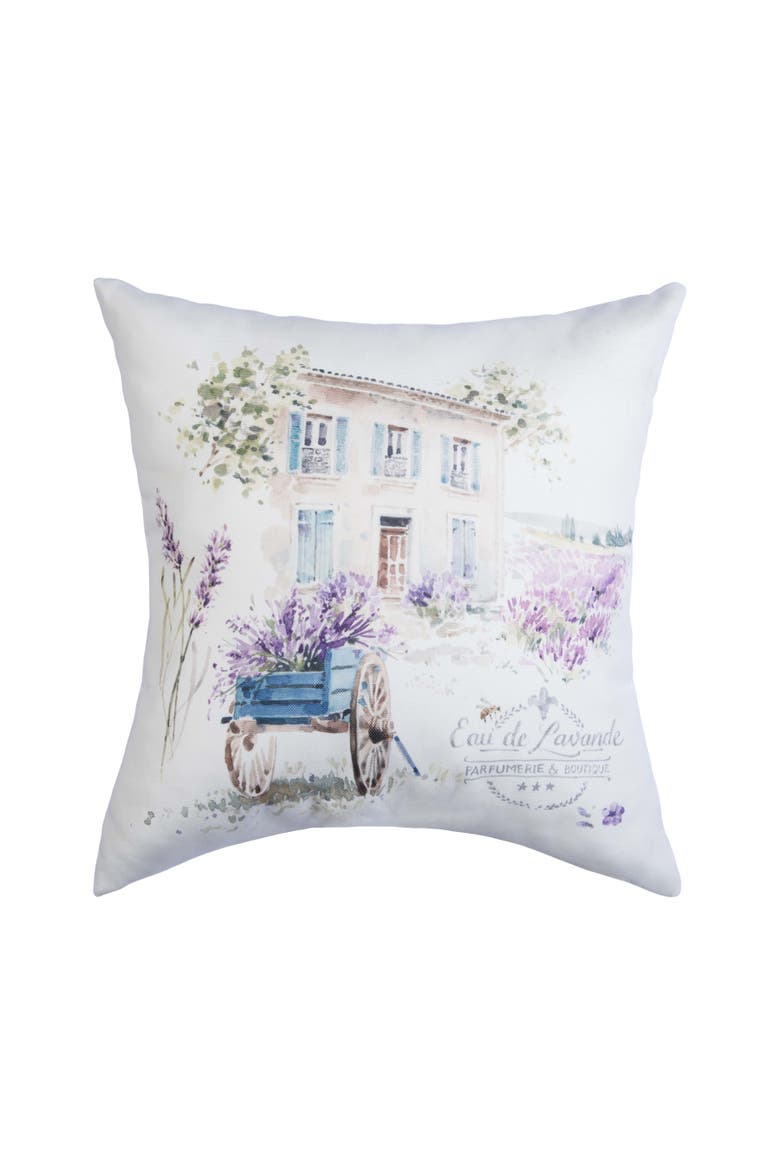 Lavender Wagon Field Village Print Indoor/Outdoor Accent Throw Pillow 18" x 18", Main, color, Purple