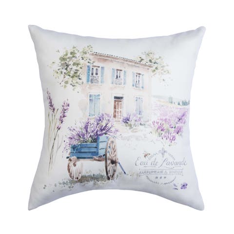 Lavender Wagon Field Village Eau de Lavande Graphic Print Throw Indoor/Outdoor Accent Pillow, 18" x 18"