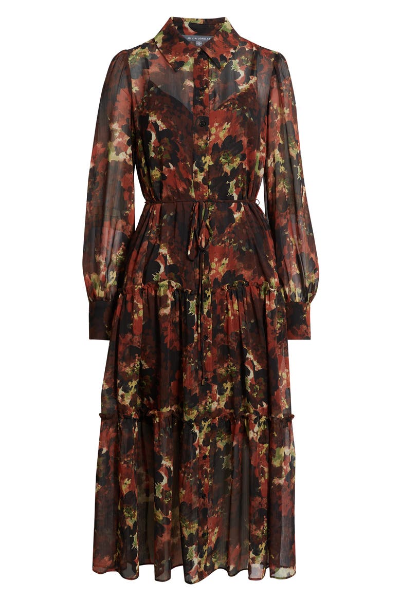 Floral Long Sleeve Tiered Chiffon Shirtdress, Alternate, color, BROWN MULTI