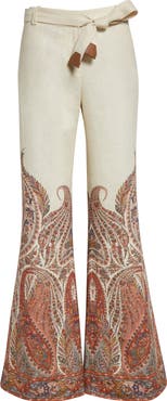 Zimmermann Rhiannon Paisley Print Belted Linen Flare Pants