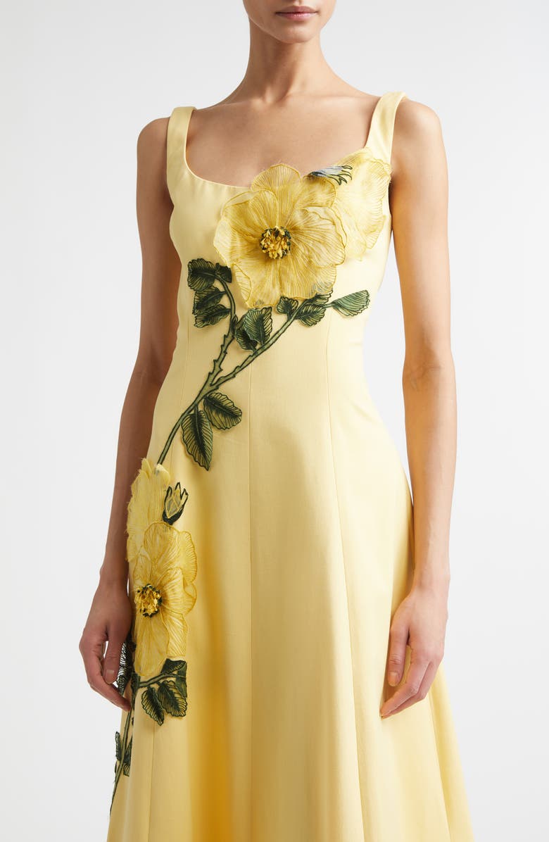 Lela Rose Peony Embroidered Appliqué Stretch Sateen Dress, Alternate, color, Butter/Yellow