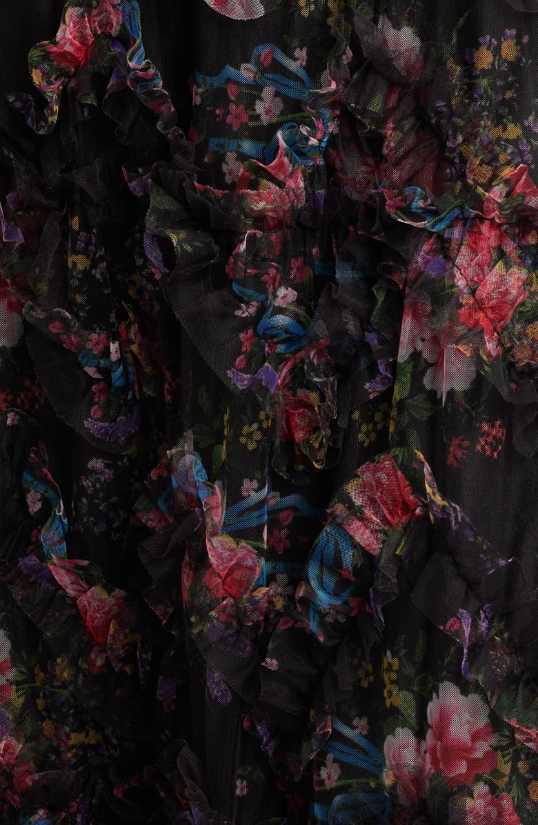 ZOE AND CLAIRE Floral Print Ruffle Mesh Maxi Dress, Alternate, color, Black Multi