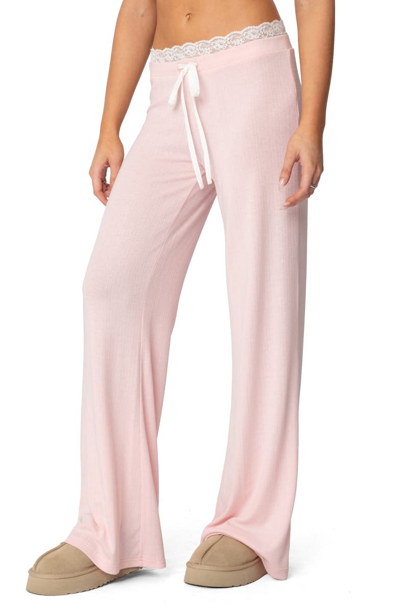 EDIKTED Peekaboo Lace Trim Knit Wide Leg Pants, Alternate, color, Pink