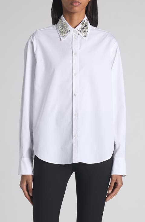 Crystal Embellished Cotton Poplin Button-Up Shirt
