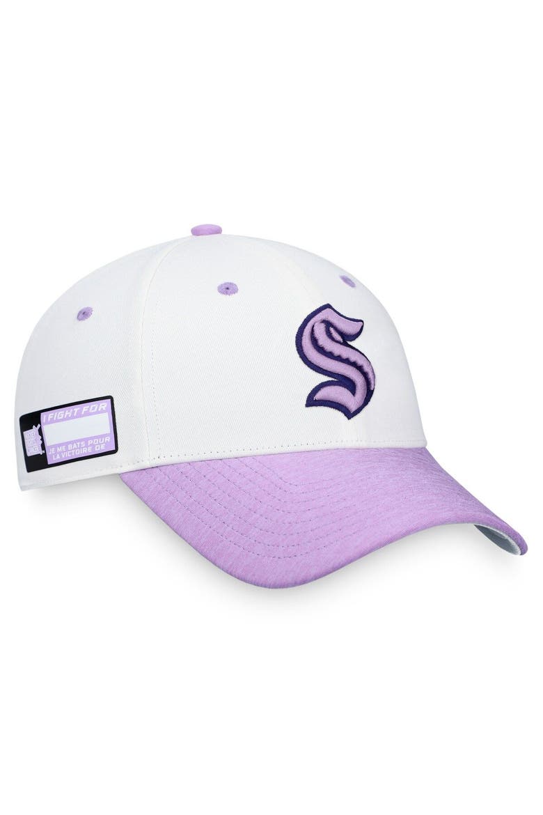 Men's Fanatics Branded White/Purple Seattle Kraken 2022 Hockey Fights Cancer Authentic Pro Snapback Hat, Main, color, White