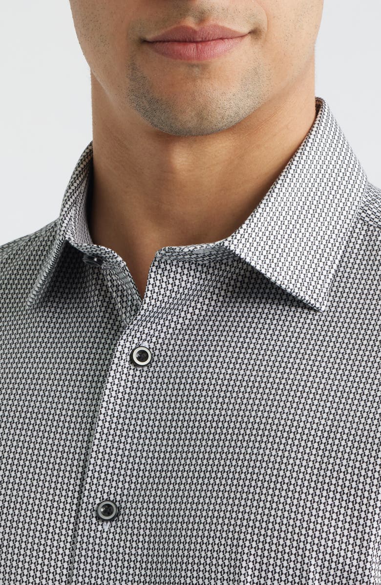 Bugatchi Miles OoohCotton<sup>®</sup> Geo Print Short Sleeve Button-Up Shirt, Alternate, color, White