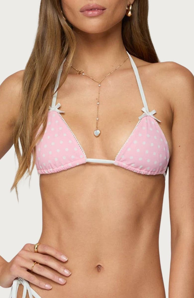 EDIKTED Leigh Polka Dot Triangle Bikini Top, Main, color, Pink-And-White