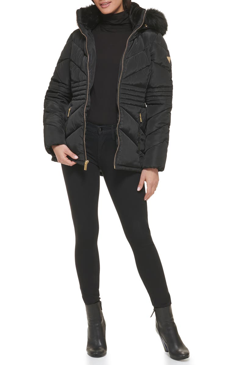 GUESS Faux Fur Trim Water Resistant Hooded Puffer Jacket, Alternate, color, 
