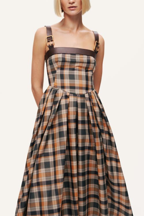 Nocturne Plaid Pleated Maxi Dress With Faux Leather Belt In Multi