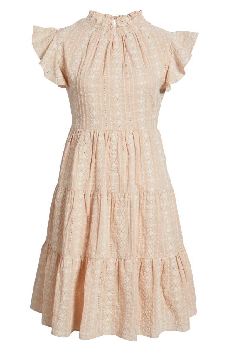 Julia Jordan Embroidered Ruffle Sleeve Cotton Dress, Alternate, color, Beige Ivory