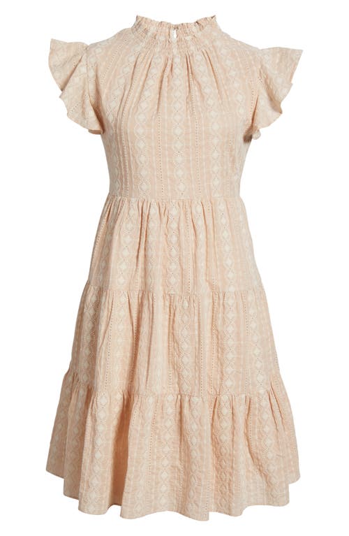 Julia Jordan Embroidered Ruffle Sleeve Cotton Dress In Beige Ivory