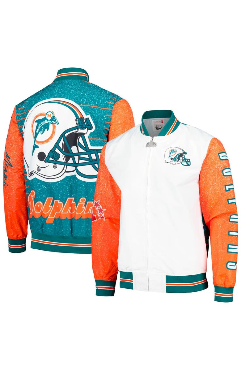 Mitchell & Ness Men's Mitchell & Ness White Miami Dolphins Team Burst Warm-Up Full-Zip Jacket, Main, color,