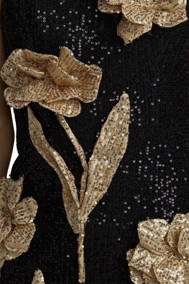 Strapless Fitted Sequin Midi Dress With 3D Flowers, Alternate, color, Black Gold
