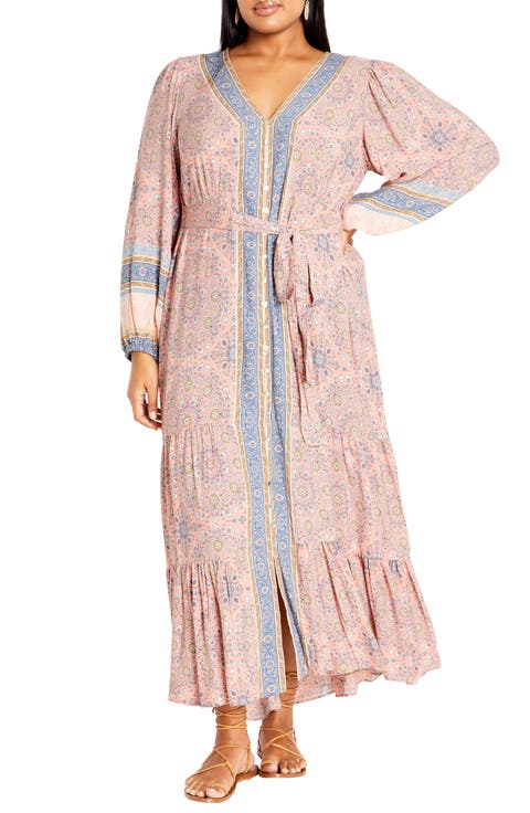 Clover Tie Belt Button Front Long Sleeve Maxi Dress (Plus)