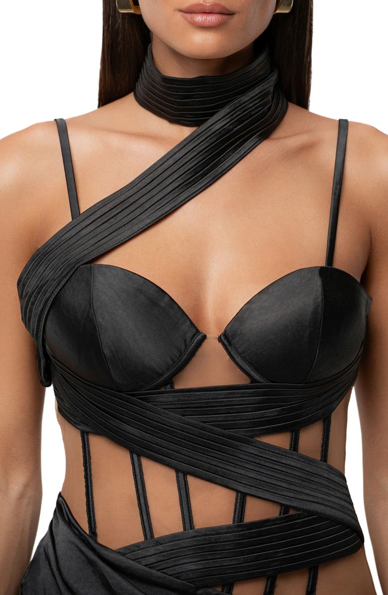 JLUXLABEL Golden Hour Corset Satin Maxi Cocktail Dress, Alternate, color, Black