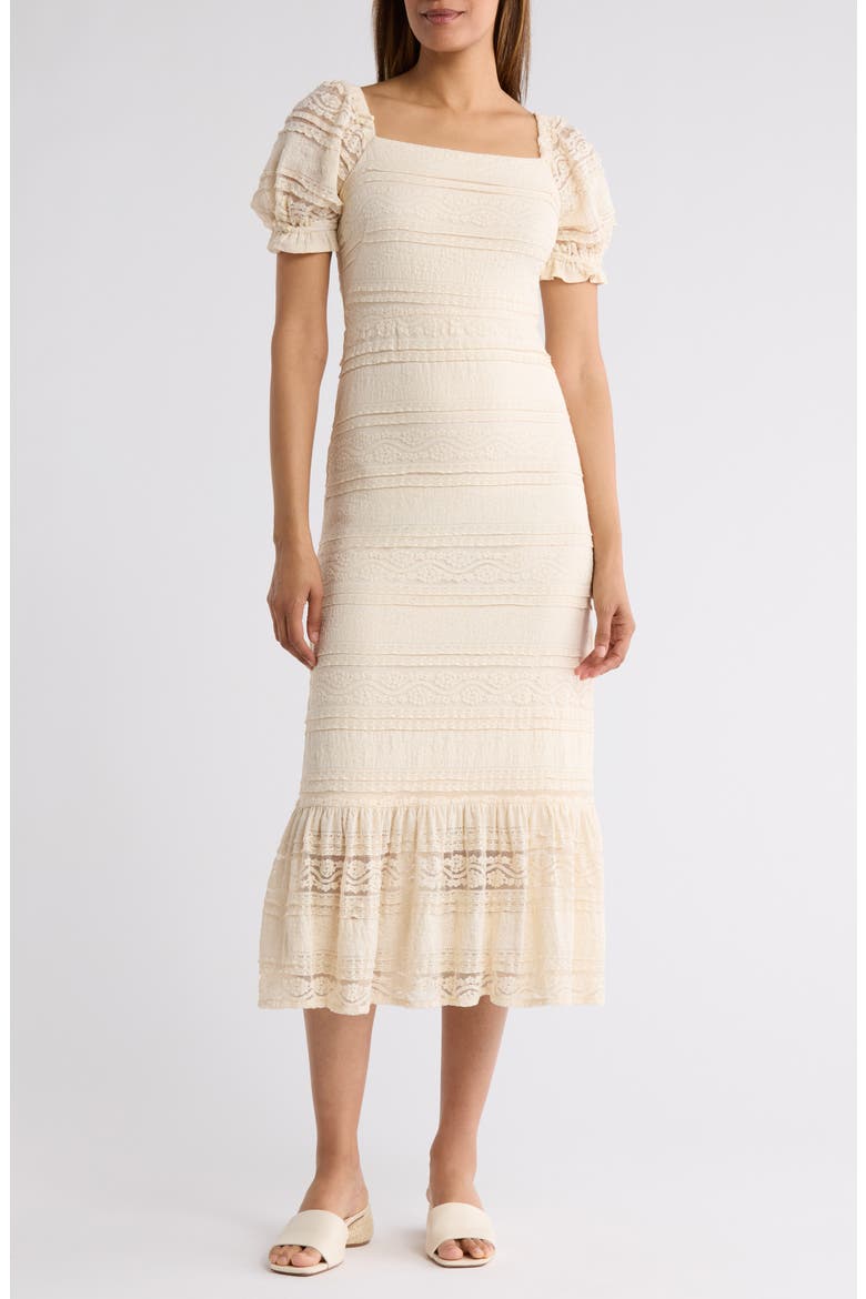 Puff Sleeve Square Neck Midi Dress, Main, color, NATURAL