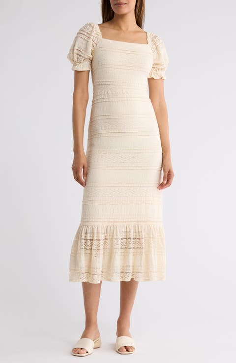 Puff Sleeve Square Neck Midi Dress