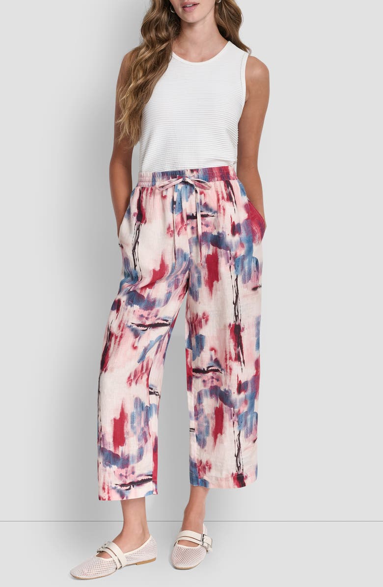 DKNY Print Pull-On Linen Pants, Alternate, color, Urban Bloom