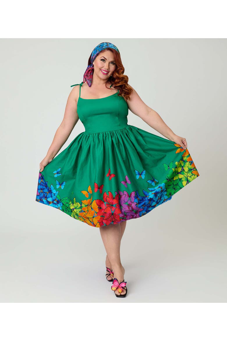 Plus Size 1950s Bobbie Swing Dress, Main, color, Green W/ Rainbow Butterflies