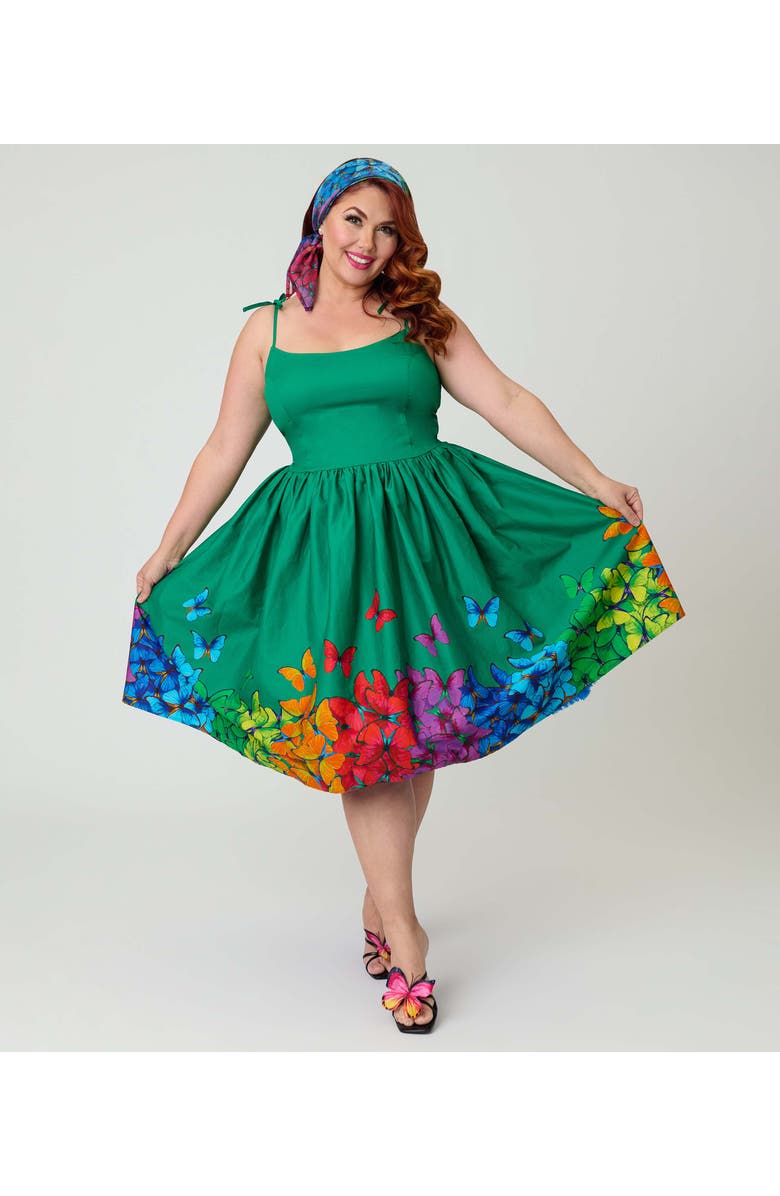Unique Vintage Plus Size 1950s Bobbie Swing Dress, Main, color, Green W/ Rainbow Butterflies