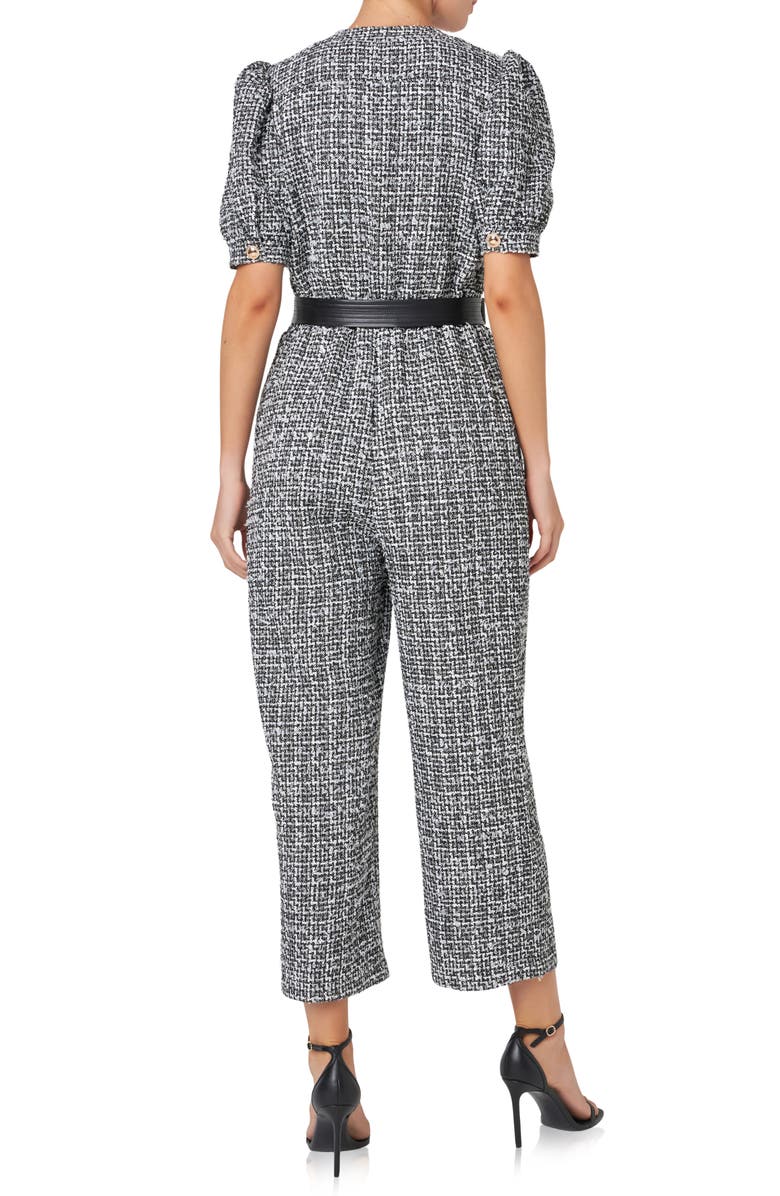 English Factory Tweed Puff Sleeve Ankle Jumpsuit, Alternate, color, Black/ White